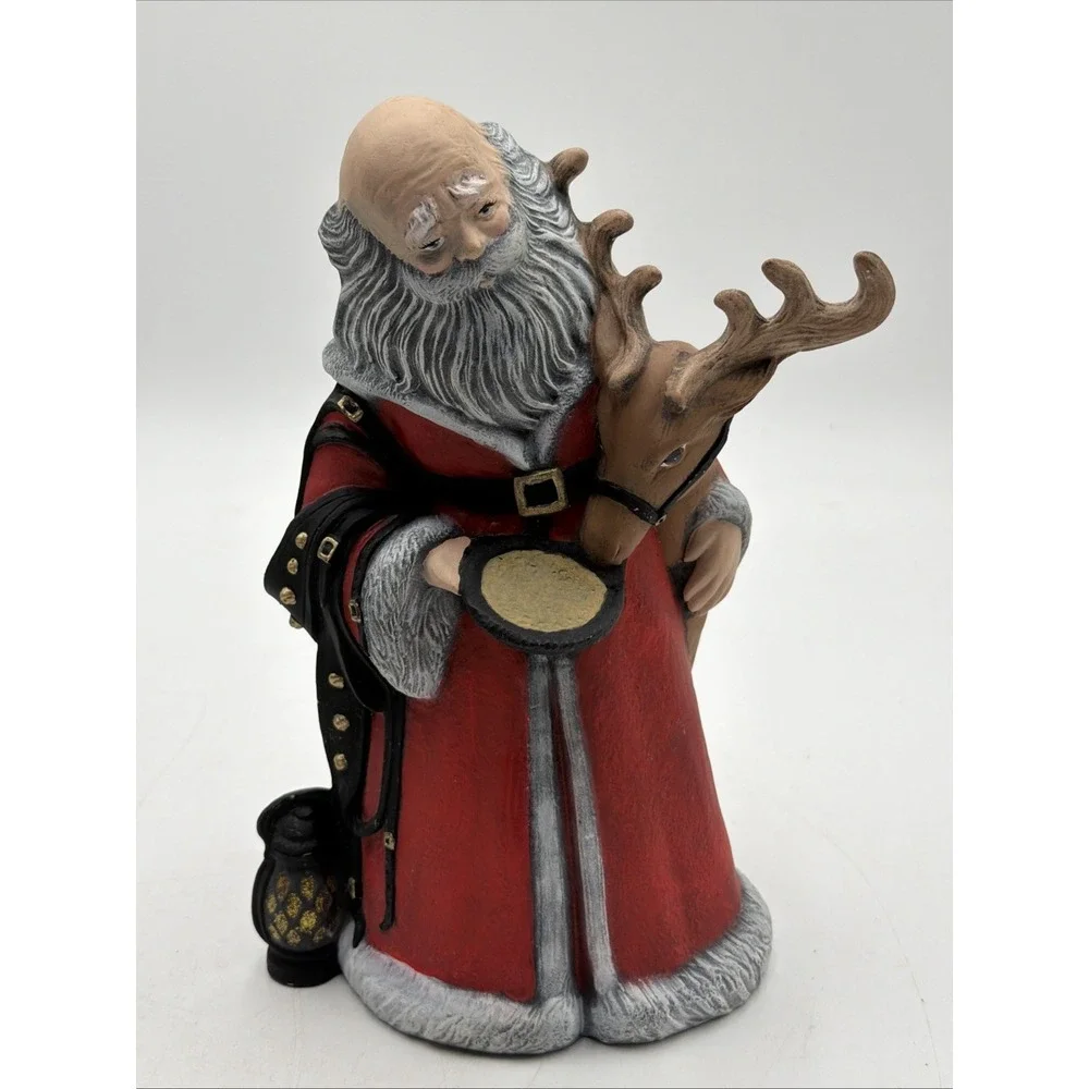 Santa Claus Feeding Reindeer Ceramic Statue VINTAGE Christmas not Rudolph